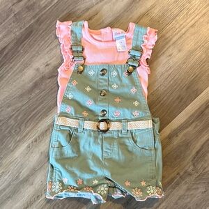 Little Lass Coral and Mint Overalls with Floral Embroidery